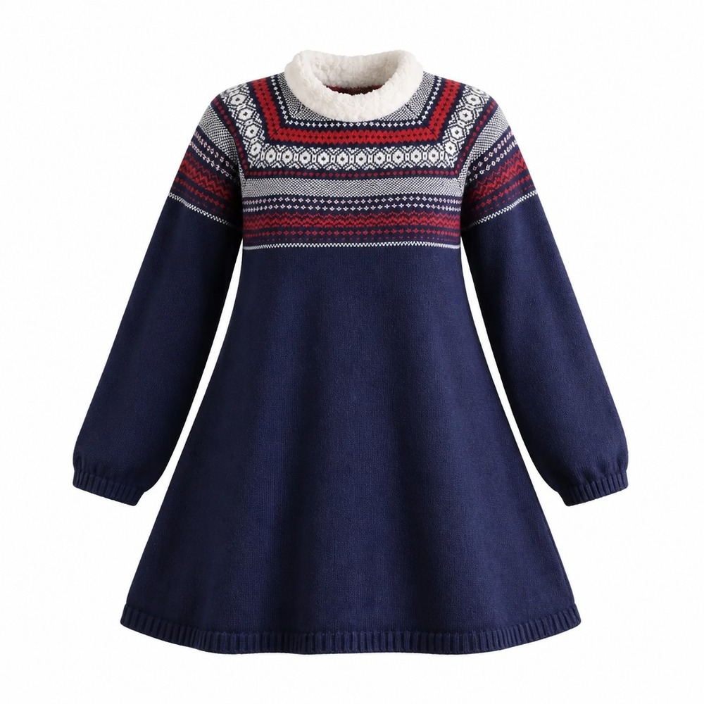 Gymboree Girls Navy Blue Red Fair Isle Knit Sweater Dress Faux Fur Collar Size 7